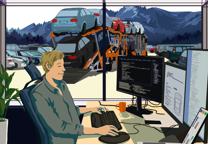 ASV data analyst managing inventory on a computer with a mountain view.